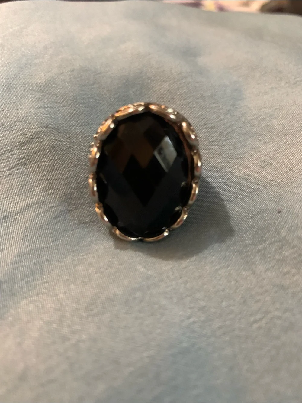Vintage Victorian-Style Silver-Plated Ring with Large Black Faceted Lucite Stone